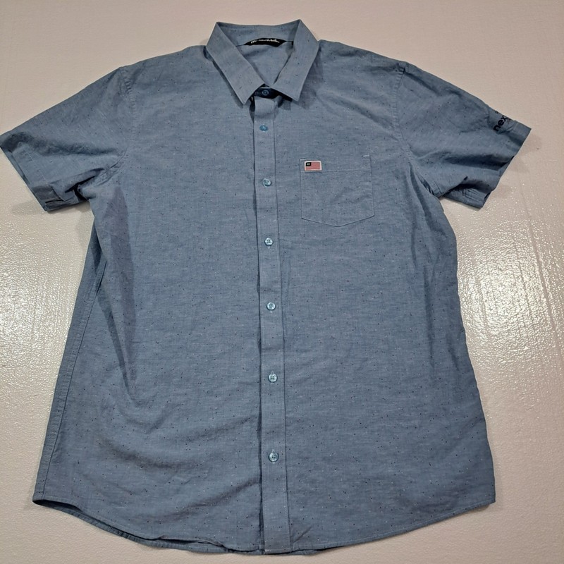 Travis Mathew Short Sleeve Button Down Shirt Men's Size XL Blue USA Embroidered