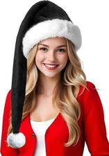 Christmas Black Santa Hat Long, Adults Deluxe Black and White Xmas Christmas Hat