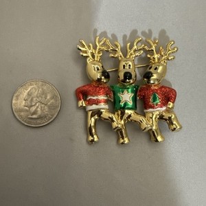 Gold Tone Christmas Multicolor Reindeer Brooch 36.1g