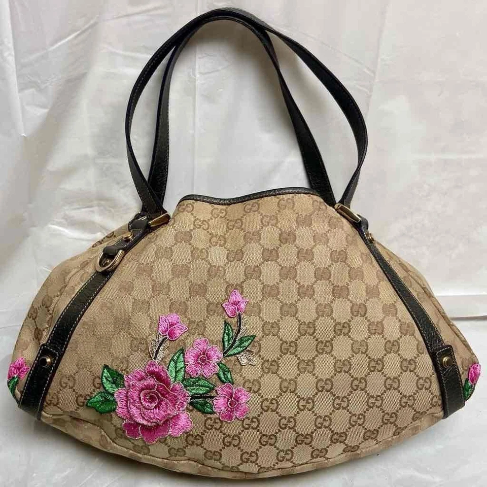 Bolso de Mano Vintage Gucci, Lona Recubierta Beige Mono Rosa Floral Foto 3 de 4