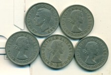 5 DIFFERENT 2 SHILLING COINS from GREAT BRITAIN (1949, 1956, 1961, 1965 & 1966)