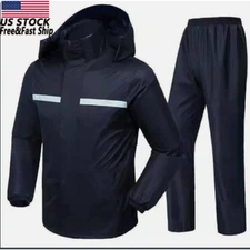 Mens Rain Suits Raincoat Jacket Pants Waterproof Safety Black Hooded US