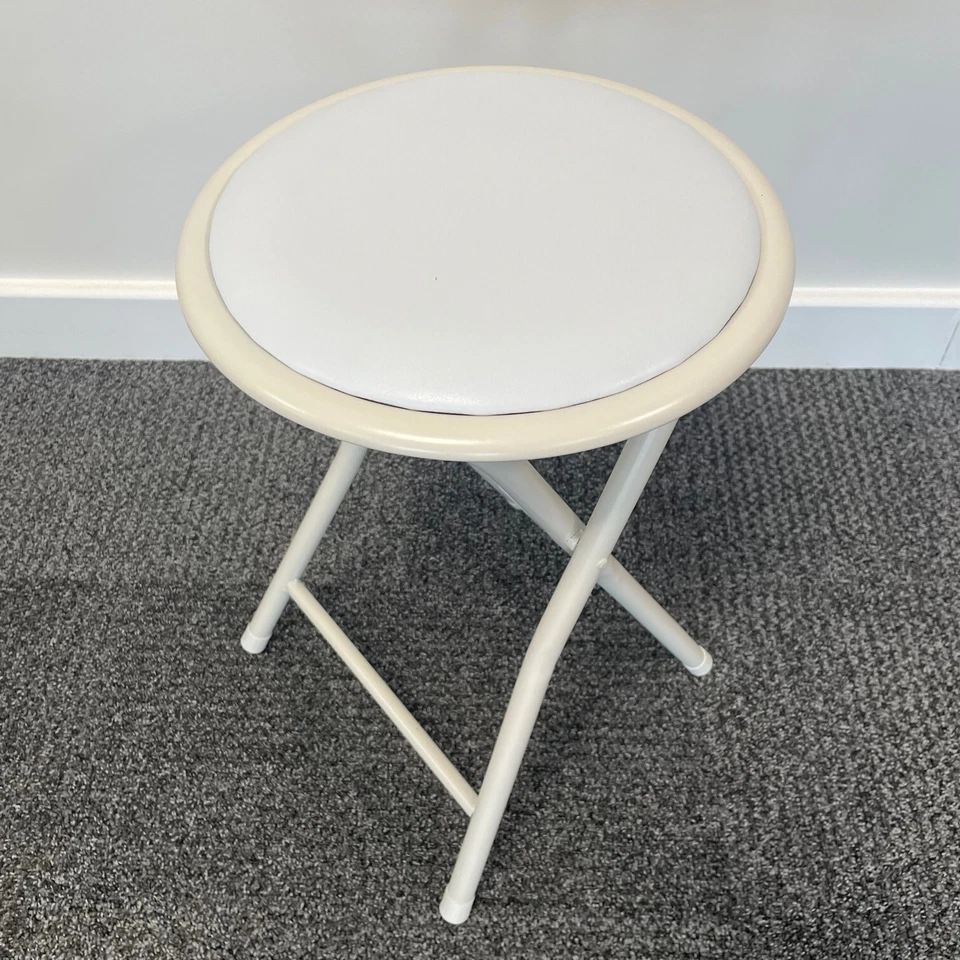 WHITE BLACK FOLDING STOOL ROUND FOLDABLE METAL STOOLS SPACE SAVING PADDED SEAT - Image 4 of 4