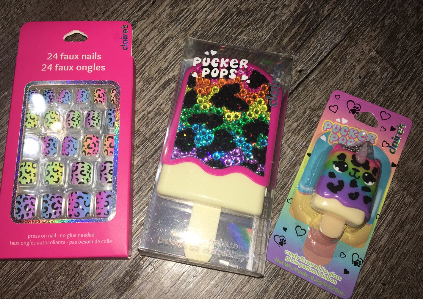 Claire’s Leopard Cosmetic Makeup Kit Lip Gloss Keychain Backpack Clip Nails Lot