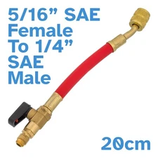 20cm Red 1/4" SAE Male To 5/16" SAE Female Charging Hose Ball Valve Refrigerant