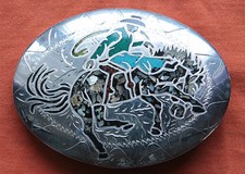 Vtg Hand Made Turquoise Abalone Inlay Cowboy Rodeo Saddle Bronc Belt Buckle