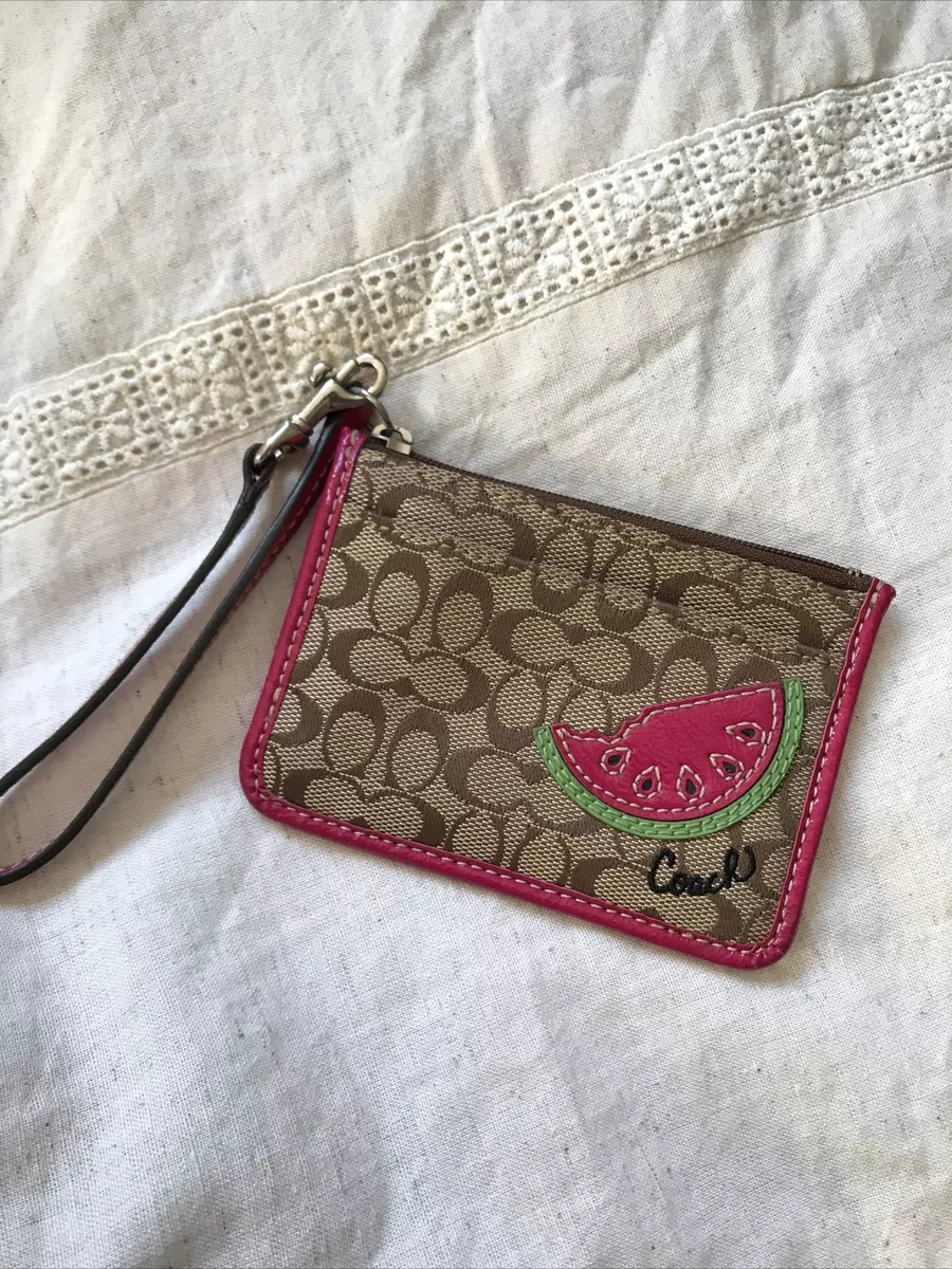 COACH Khaki Signature Watermelon Mini Skinny Coin Purse Key Ring