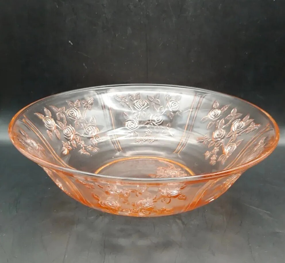 Antique Pink Depression Glass Large Round Cabbage Rose Serving