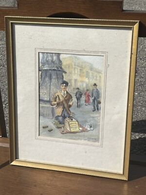 London Figuren. Gerahmtes & signiertes Aquarell von Ray Ross. ''Schuhputz''