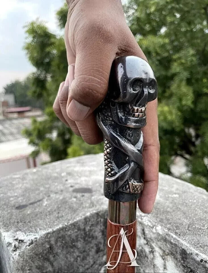 Handmade Skull Head Handle Walking Stick Cane Horror Skull Wooden Stick ...