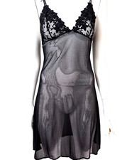 Vintage Black Negligee Slip Y2K Size 12 Lace Shoestring Straps Sheer Lingerie