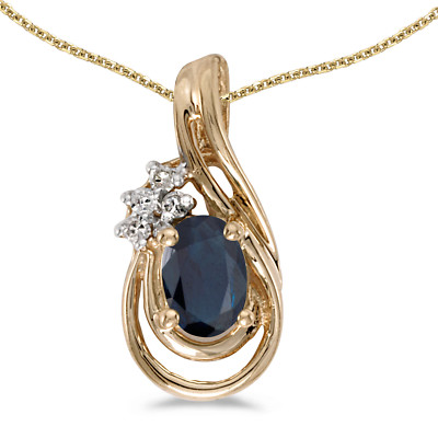 10k Gelbgold ovaler Saphir und Diamant Träne Anhänger mit 18'' Kette