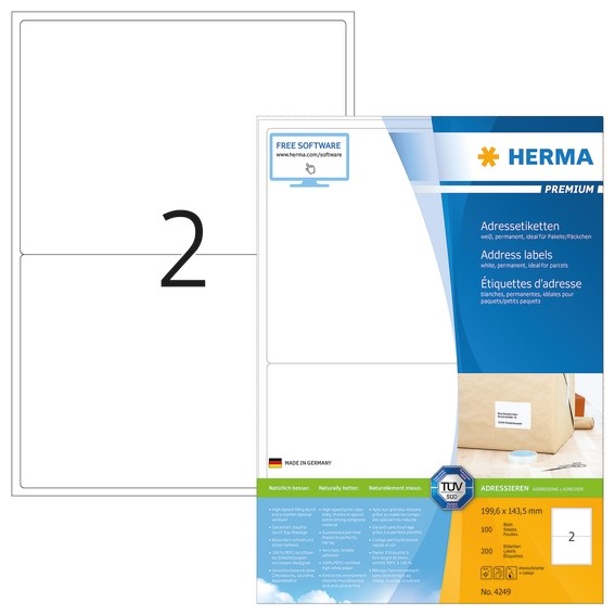Herma 4249 Adressetiketten Premium A4 199,6X143,5 Mm Weiß Papier Matt 200 St.-image
