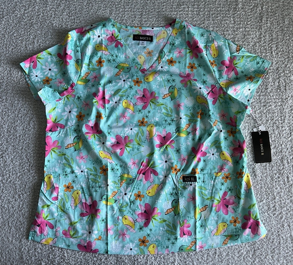 Koi Basics Scrub Top Women's Sz 2X Tweety Green Birds Floral