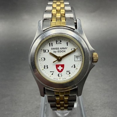 Edox Swiss Army Watch Women 24mm White Dial Two Tone Date Round New Battery