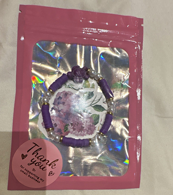 Purple & White Plastic Beaded Stretch Slip-On Bracelet, Flower Theme
