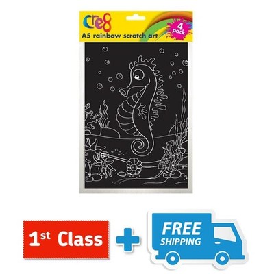 Cre8  A5 Rainbow Scratch Art 4 x illustrierte Rubbelkarten, 1 x Rubbelstift.