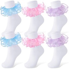 Geyoga 3 Pairs Women Big Ruffle Socks Turn Cuff, Bule, Pink, Purple Style 2