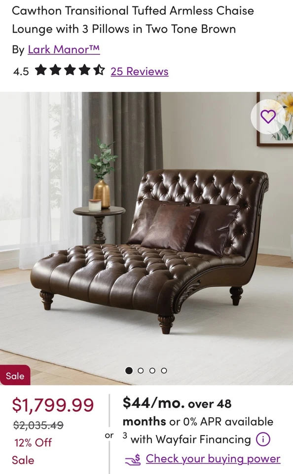 Chaise lounge Cawthon Transitional Tufted sin brazos en dos tonos marrón Foto 2 de 4