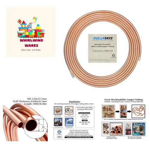 100 ft C12200 Copper Tubing 1/2" OD Seamless Coil for HVAC Applications