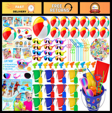 Favores de fiesta de playa de verano para niños 4-8 - 122 piezas juguetes, pelotas, gafas de sol, cubos