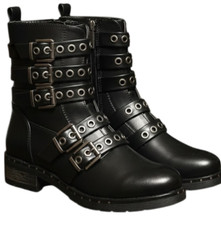 Women Ankle Boots Black Multi Buckle Ladies Punk Goth Shoes UK 3 EU 36 SEE PICS