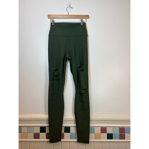 Alo Yoga Ripped Warrior High Waist Leggings Green Small Cutout Distressed Gym