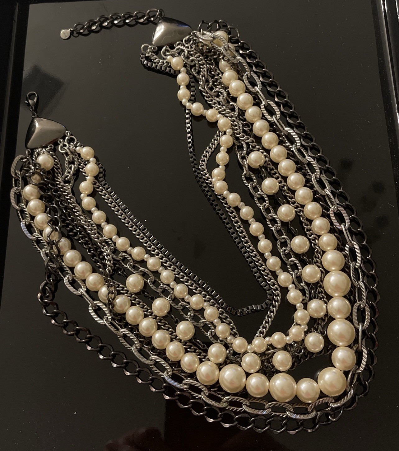 Layered Statement Multi-Strand Necklace Silver Wh… - image 3