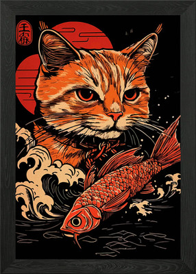 Katze und Koi Fisch Japanische Kunst Gerahmtes Wandbild Poster Leinwanddruck Bild