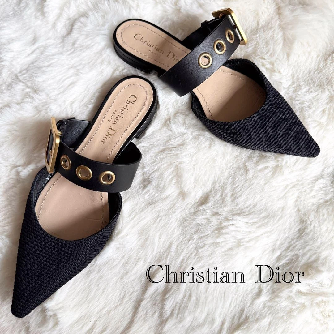 Christian Dior D Charm Ceinture Escarpins Toile Cuir Noir US6 Authentique Du Japon RA