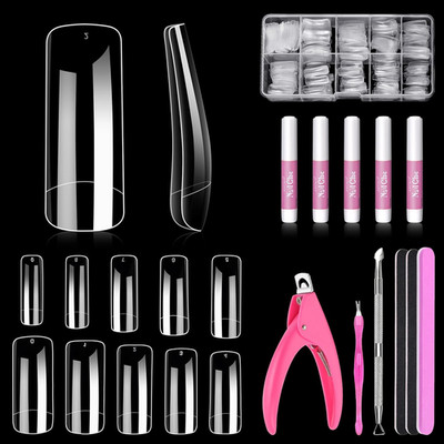 500 Pcs Clear Acrylic Nail Tips Square Full Cover with Nail Clipper Files and Gl