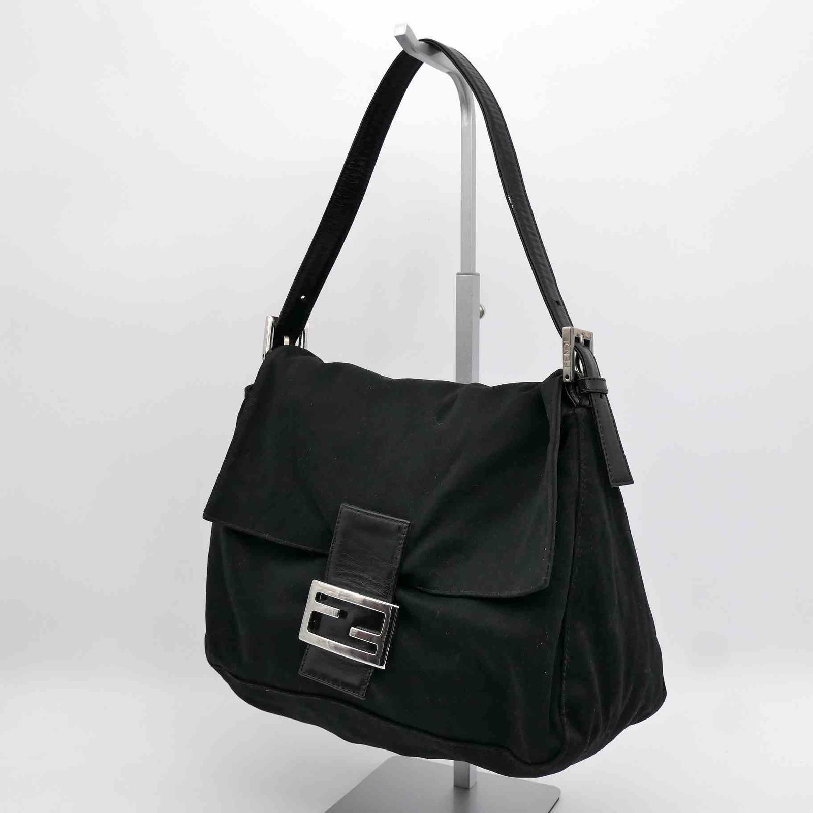 FENDI Mamma Baguette Shoulder bag FF Logo Handbag Black Cotton Leather Auth 686