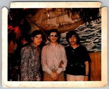 Vtg Color Snapshot Three Young Men In Patterned & Striped Shirts Mural 1970s