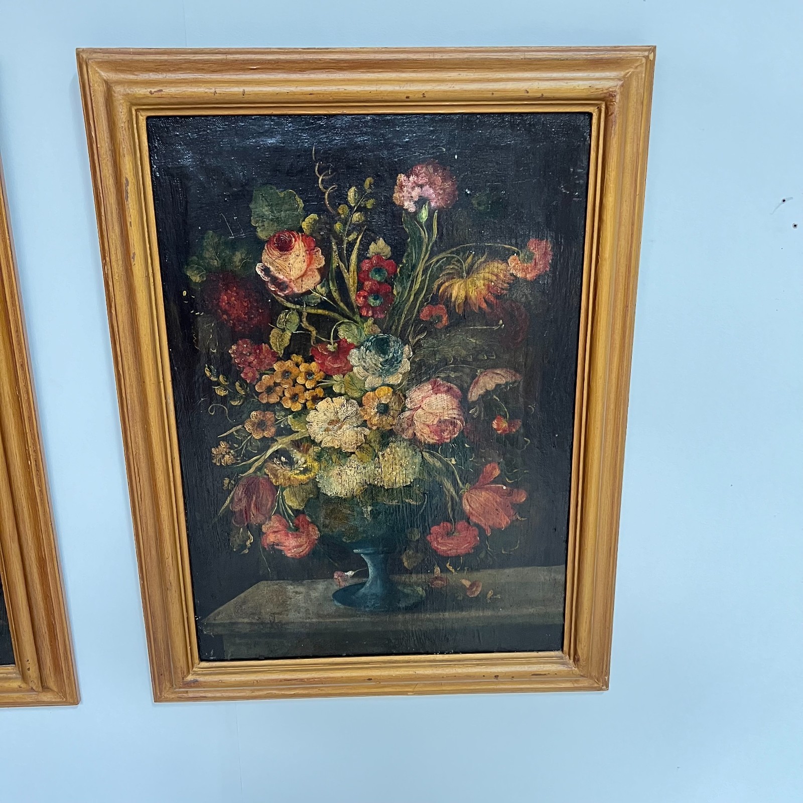 Painting, oil on canvas, pair of large still lifes flowers 18th century
