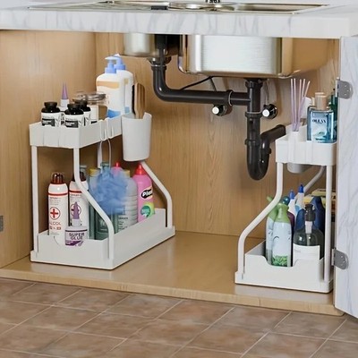 2 Ebenen Ausziehbar Unter Waschbecken Organizer Küche Bad Aufbewahrung Regal Schublade UK