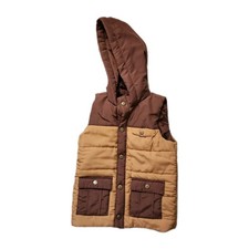 Tommy Bahama Boys Puffer Vest Hooded Brown Tan Colorblock Snap Front S 5/6 EUC