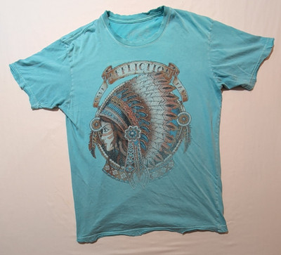 Affliction Shirt Mens Large Blue Native American Tattoo Graphic Distressed Y2k