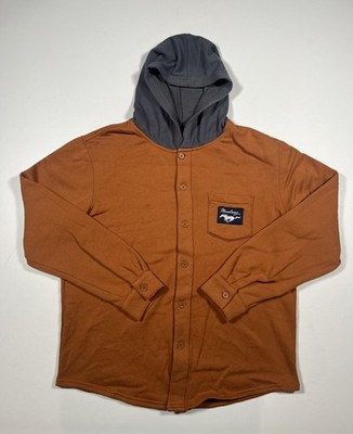 Ford Mustang Shirt Mens Medium Brown Gray Hooded Button Front Patch Licensed