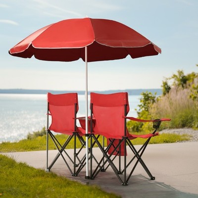  FREE SHIPPING! 2 Foldable Outdoor Chairs & Umbrellas 4 Camping or Tailgating!