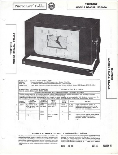 1956 TRUETONE D2665A D2666A Tubo AM OROLOGIO RADIO Ricevitore Fotofatto MANUALE Vintage - Foto 2 di 2
