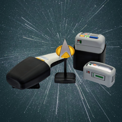 Star Trek TNG Away Team Kit - Dustbuster Phaser Tricorder & Commbadge Prop Set