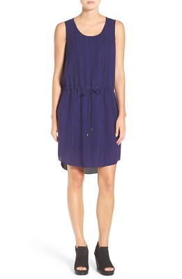 New Eileen Fisher Shima Print Silk Scoop Neck Blouson Dress Blue
