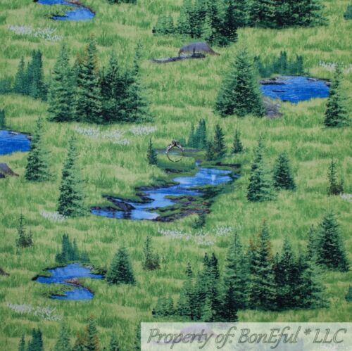 BonEful FABRIC FQ Cotton Quilt Tan Brown Green Holiday Xmas Tree Pine Cone Cabin - Picture 15 of 15