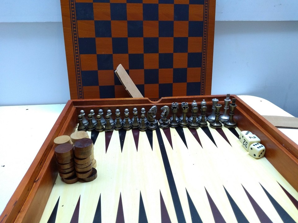 Cardinal 4 Game Set Chess Checkers Backgammon Tic Tac Toe Pewter & Wood ...