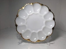 Vintage Anchor Hocking White Milk Glass Deviled Egg Dish Plate Platter Gold Rim