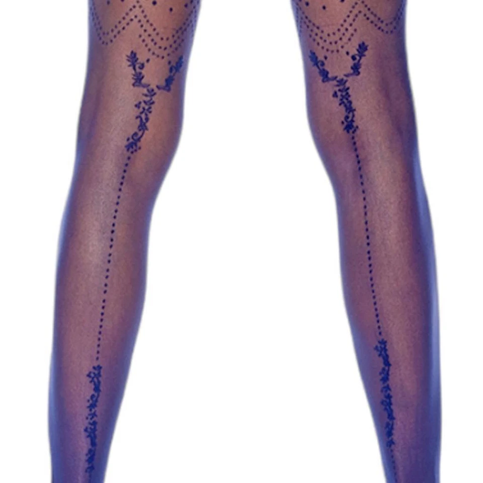 Medias de encaje hasta los muslos apliques florales costura trasera azul medianoche 12122 Foto 3 de 4