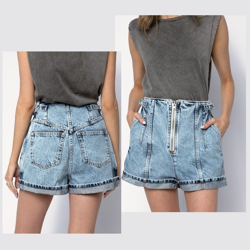 IRO PARIS Made In Italy Denim Shorts Jean Powelly Cuffed Acid Wash High Rise 36