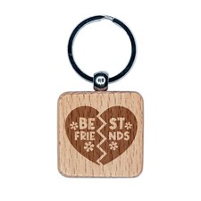 Best Friends Heart Valentine's Day Engraved Wood Square Keychain Tag Charm