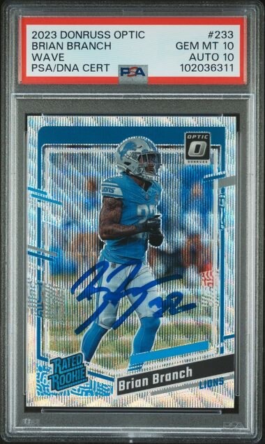 BRIAN BRANCH SIGNED 2023 DONRUSS OPTIC WAVE #233 Rookie PSA 10 AUTO 10 222/300