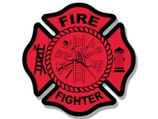 4" red fire fighter maltese shaped bumper sticker decal made in usa
